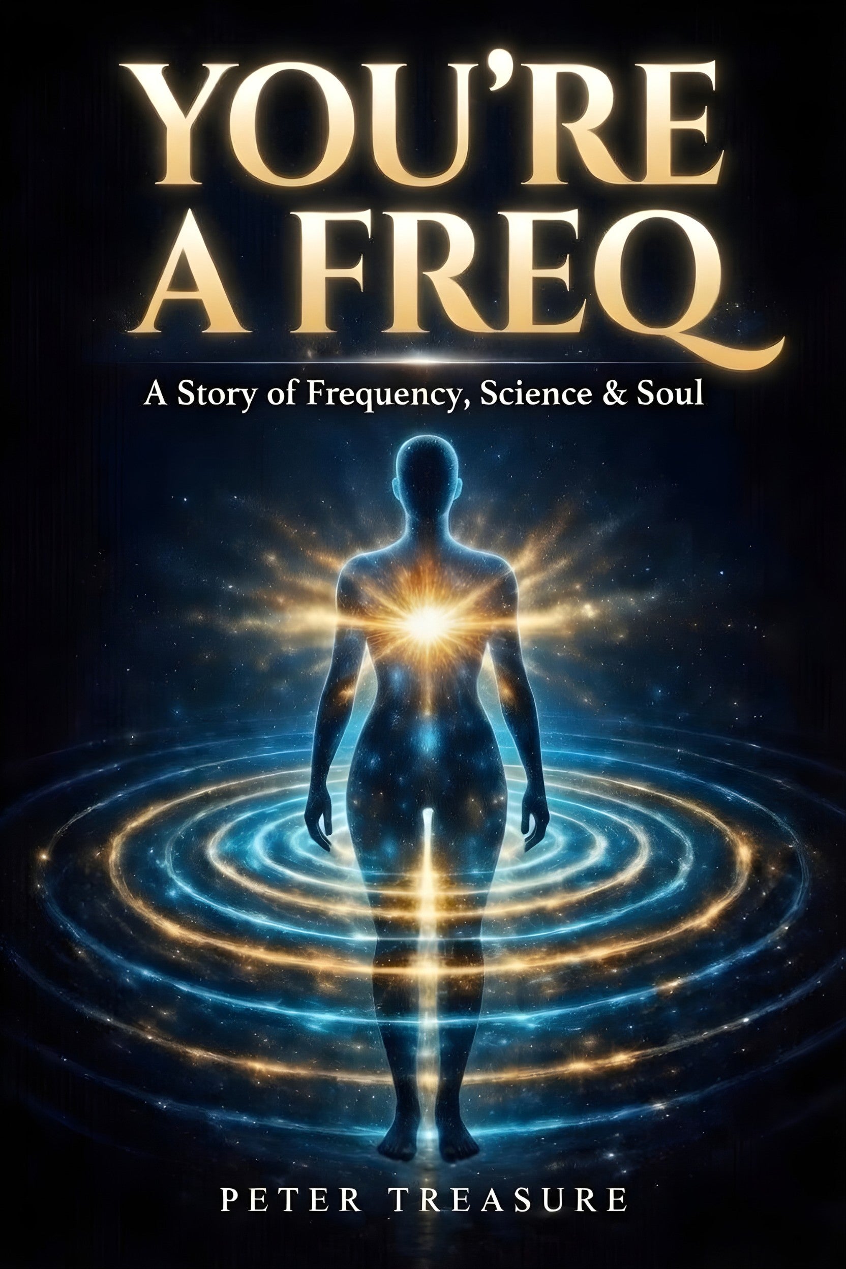 Book cover of 'You're a Freq' by Peter Treasure with a silhouette of a person and energy waves.