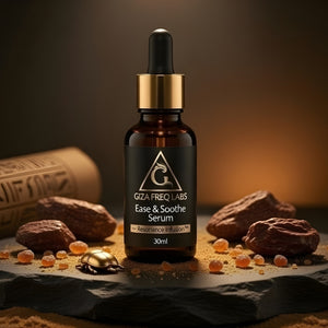 Bottle of Giza Freq Labs frequency serum with natural elements on a dark background