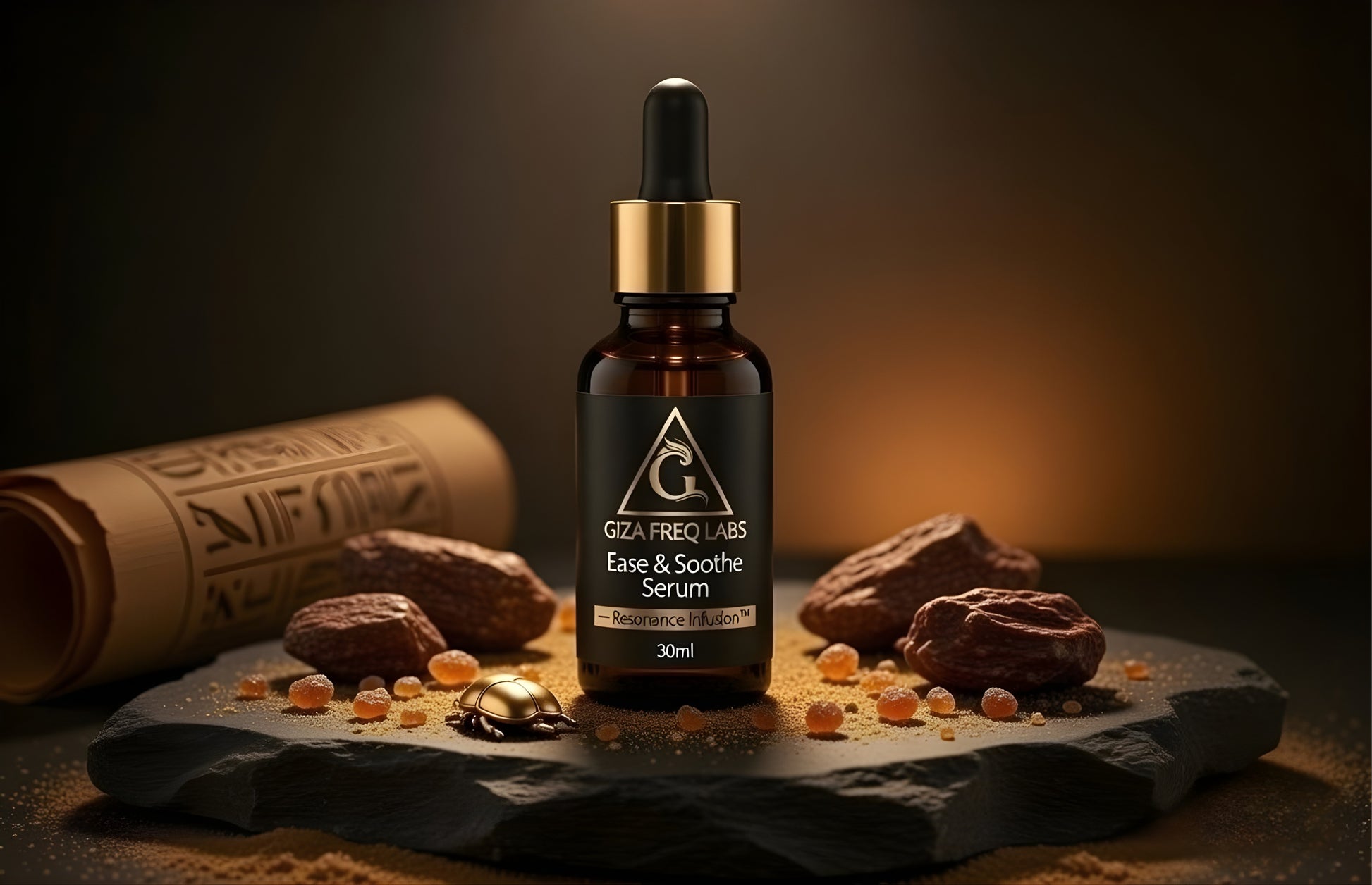 Bottle of Giza Freq Labs frequency serum with natural elements on a dark background