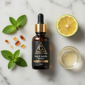 Serum bottle with dropper on a marble surface with lime, peppermint leaves, coconut oil and frankincense.