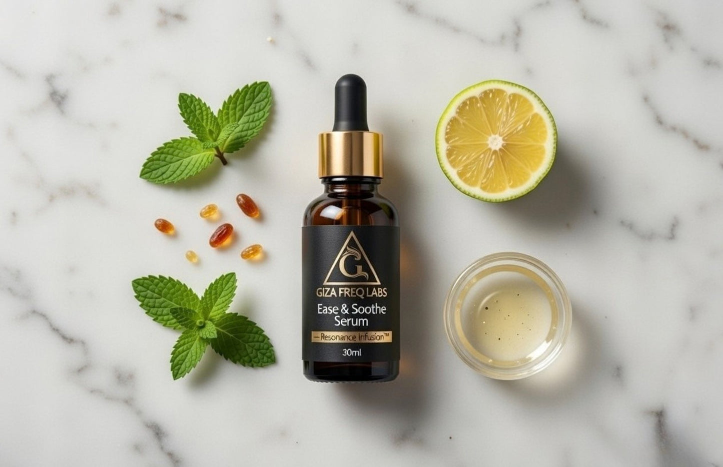 Serum bottle with dropper on a marble surface with lime, peppermint leaves, coconut oil and frankincense.