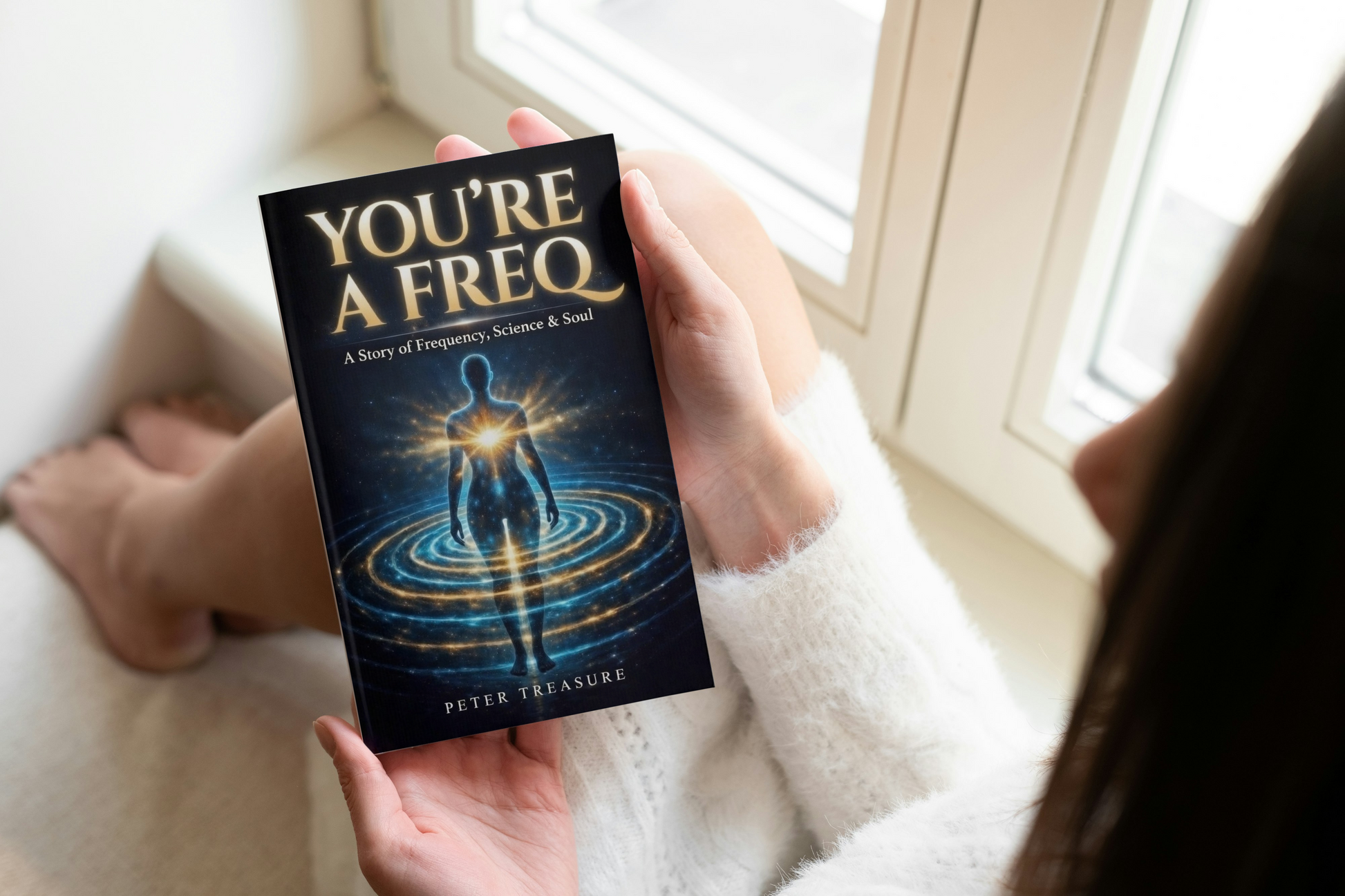 Person holding a book titled 'You're a FREQ' by Peter Treasure in a cozy indoor setting.