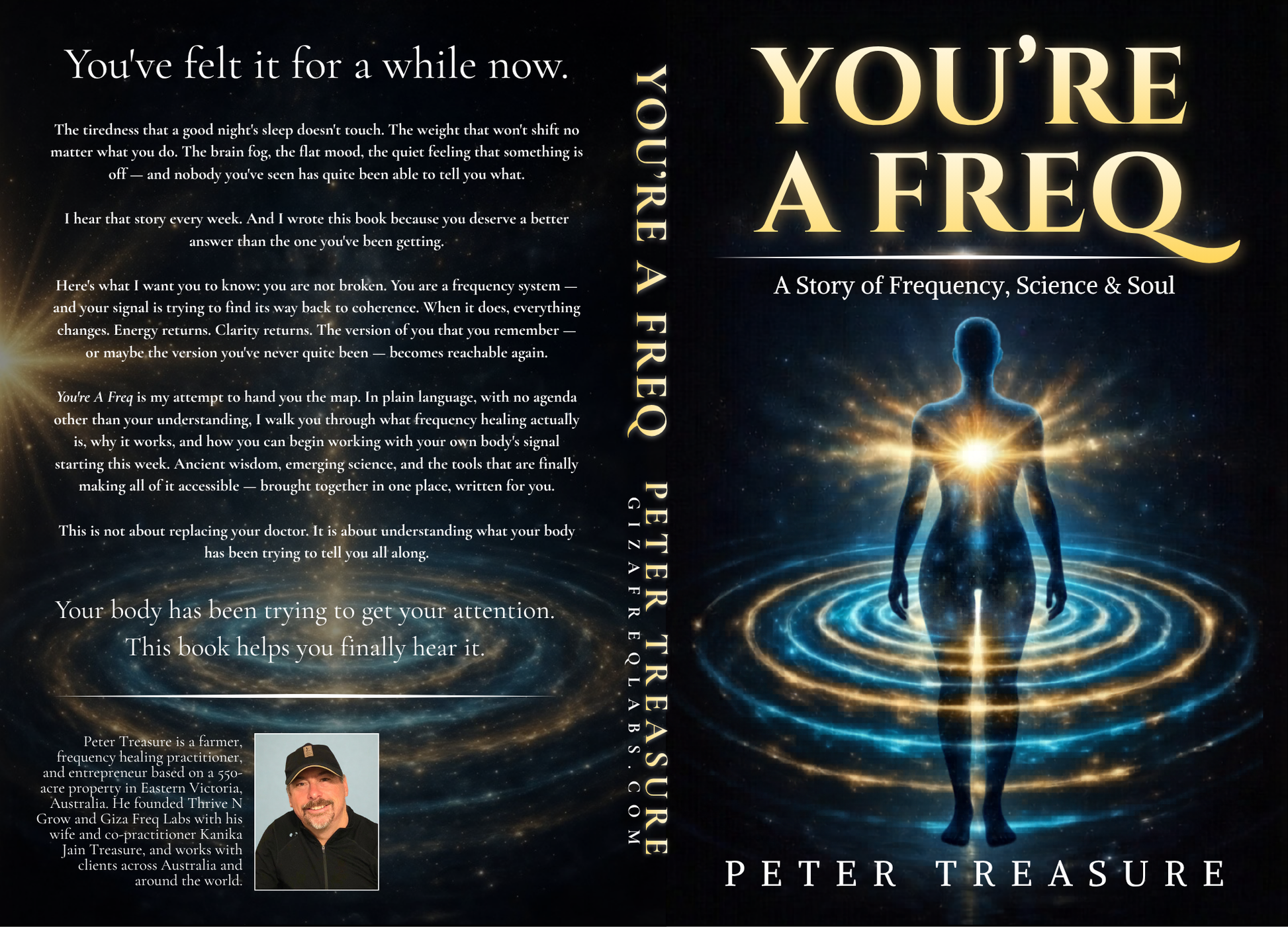 Book cover of 'You're a Freq' by Peter Treasure with a silhouette of a person and energy waves.
