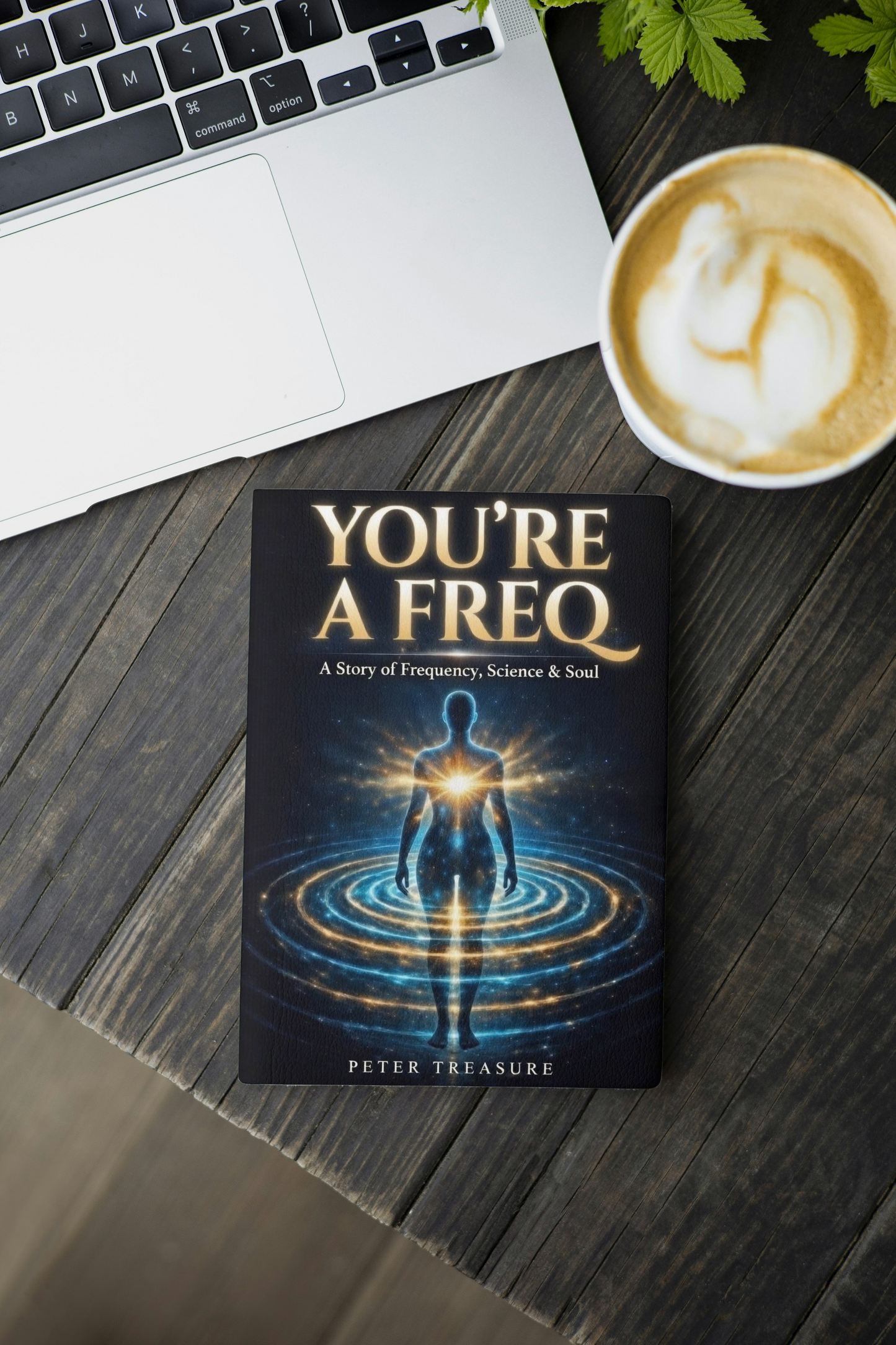 Book titled 'You're a Freq' by Peter Treasure on a wooden surface with a laptop and coffee.