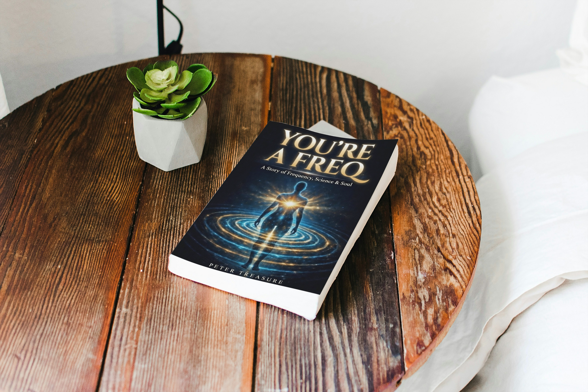 Book titled 'You're A Freq' on a wooden table with a plant in the background