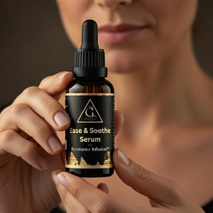 Person holding a bottle of 'Calm & Soothe Serum' with a blurred background