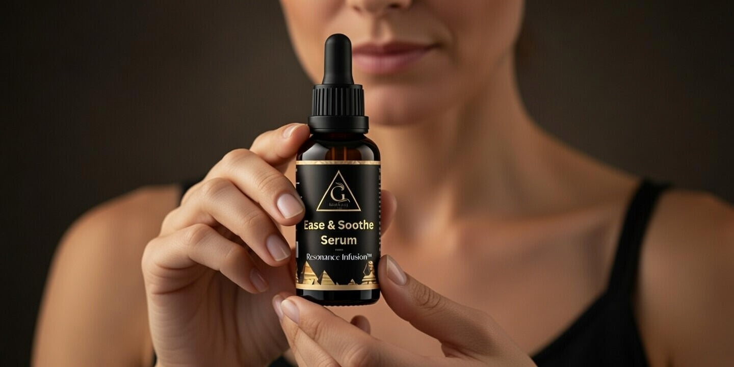 Person holding a bottle of 'Calm & Soothe Serum' with a blurred background