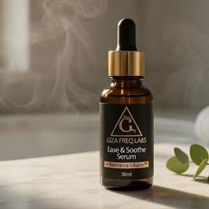 GZA Freq Labs Ease & Soothe Serum bottle on a bathroom counter with eucalyptus leaves.