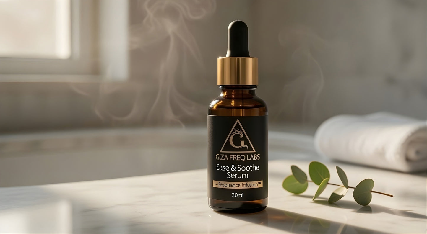 GZA Freq Labs Ease & Soothe Serum bottle on a bathroom counter with eucalyptus leaves.